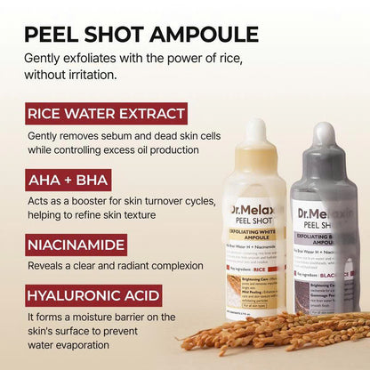 Dr.Melaxin Peel Shot Glow Rice Ampoule Duo – Gentle Exfoliator for Glowing Smooth Skin | Blackhead & Whitehead Care